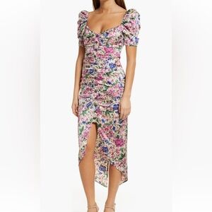 Elegant Floral Print Midi Dress with Puff Sleeves